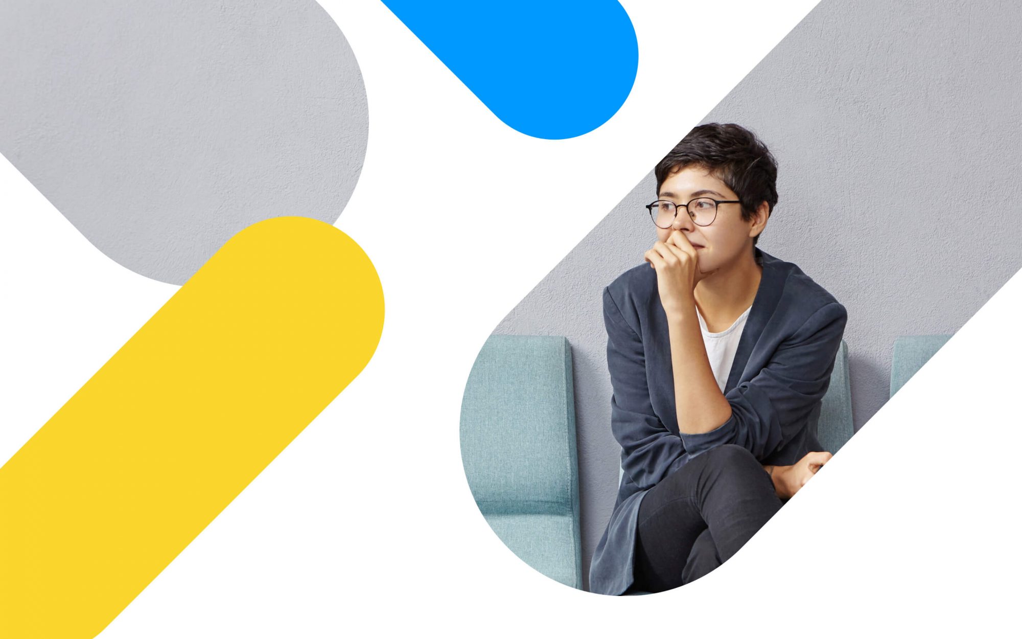 A woman sitting on a sofa, framed by Ampersand Health’s brand shapes